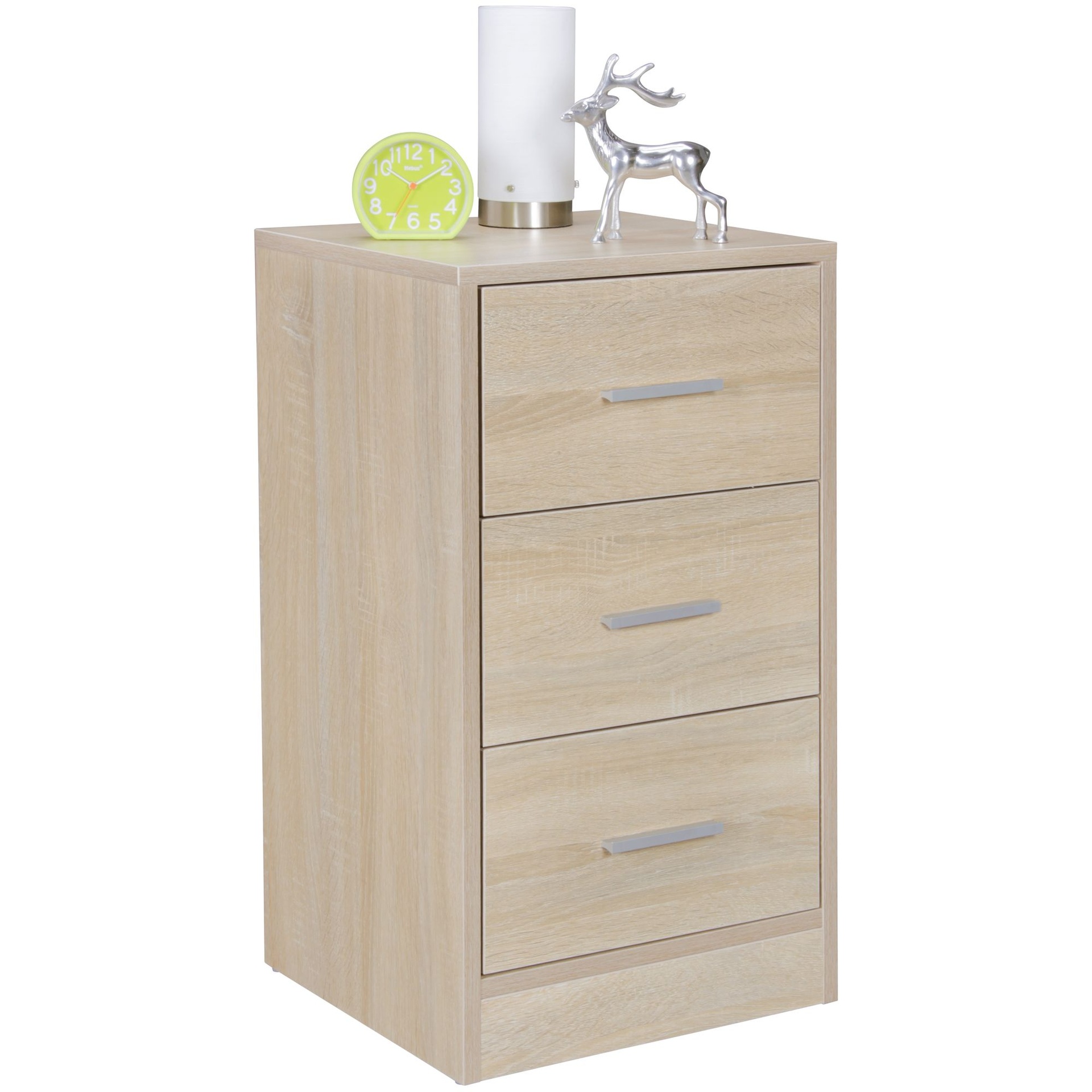 [A09763] Console de nuit OLAV bois, moderne avec 3 tiroirs Sonoma, 37,5 x 68 x 35 cm