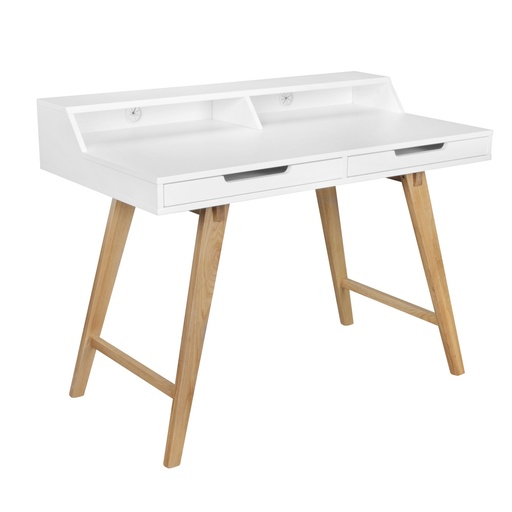 [A09775] Bureau 110 x 85 x 60 cm Table de travail scandinave en bois MDF blanc mat, table d'ordinateur portable design avec passage de câbles