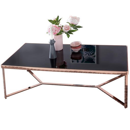 [A09787] Design table basse plateau en verre noir / structure cuivre 120 x 60 x 40 cm