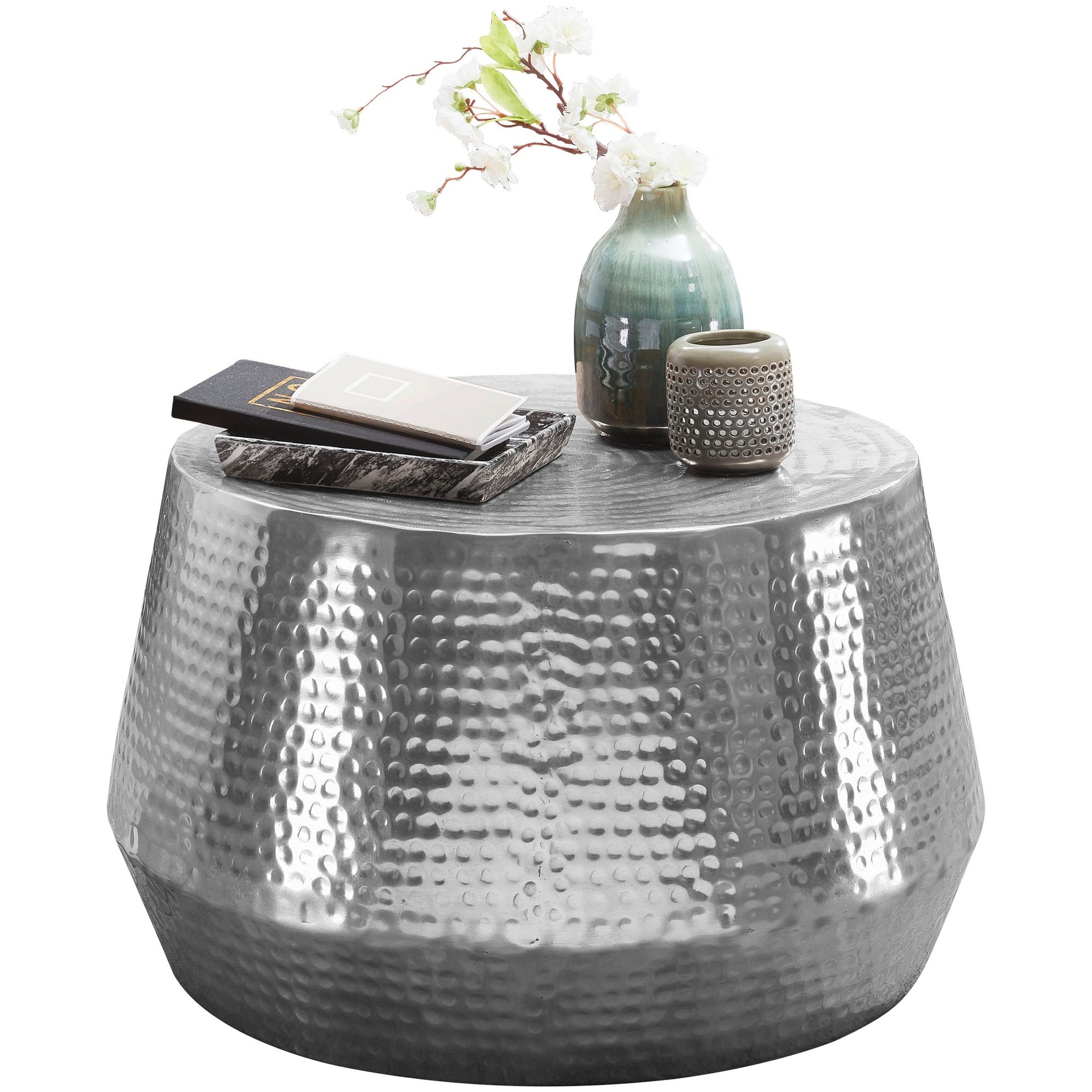 [A09843] Table basse MAHESH 60x36x60 cm aluminium argent rond oriental