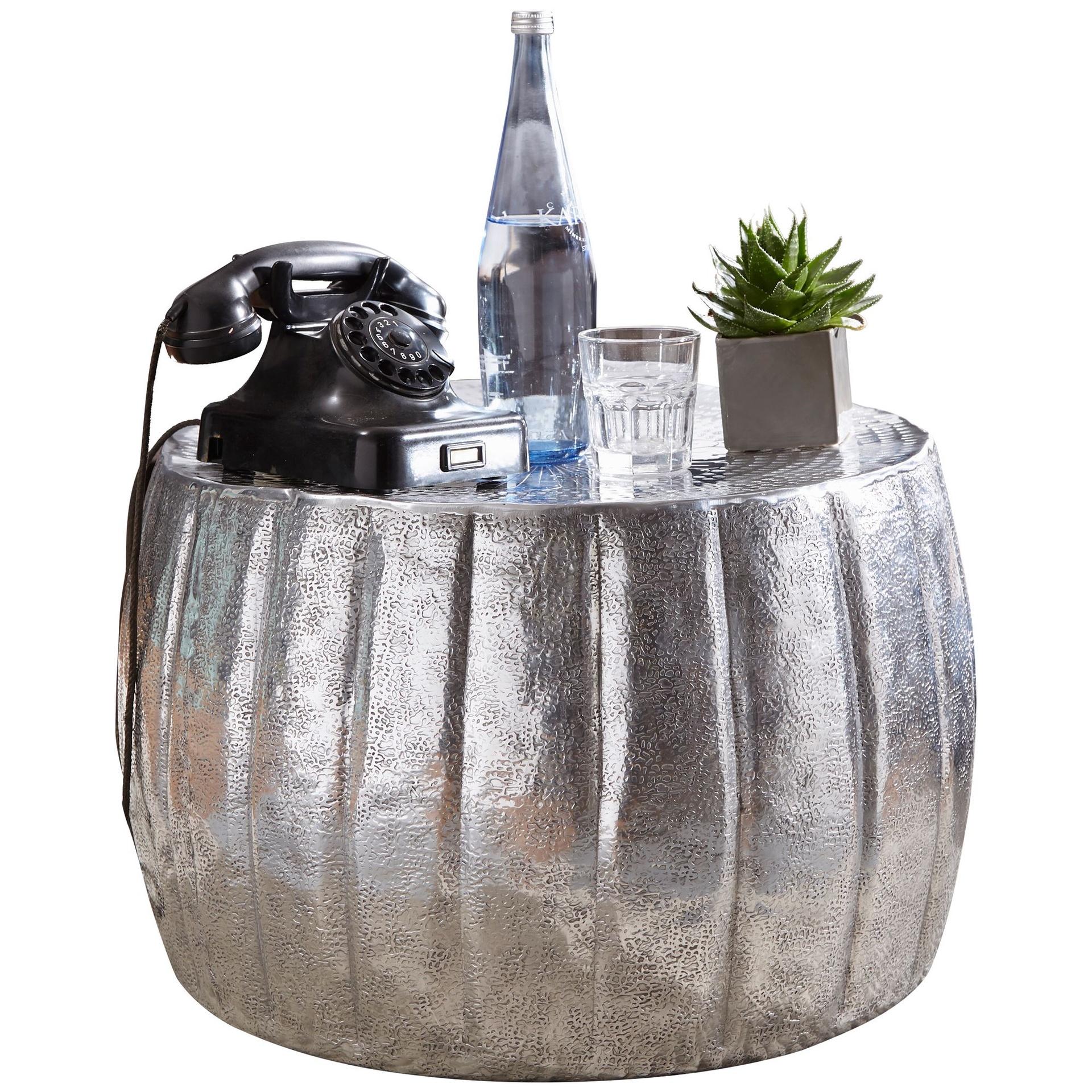 [A09845] Table basse JAMAL 60x36x60 cm aluminium argent rond oriental