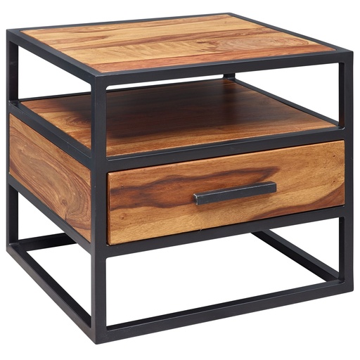 [A09868] Console de nuit 50 x 45 x 45 cm bois de sheesham métal noir