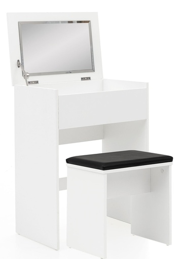 [A09903] Coiffeuse 60x81x40 cm Console Blanche Bois Moderne, Table de Cosmétique avec Tabouret et Miroir, Coiffeuse Blanche avec Compartiment Pliant