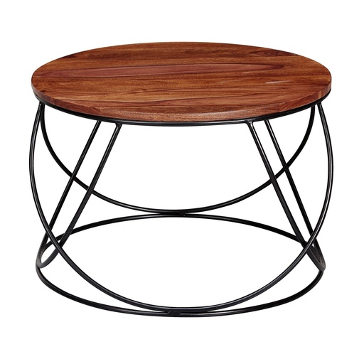 [A10036] Table basse Sheesham bois massif / métal 60 x 40 x 60 cm, table de salon ronde marron massif, table de canapé table moderne en bois