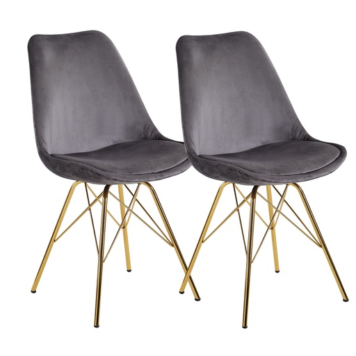 [A10045] Chaise de salle à manger, lot de 2, velours gris avec pieds dorés