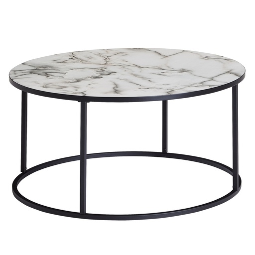 [A10067] Table basse ronde 80 x 40 x 80 cm aspect marbre blanc, avec structure en métal noir