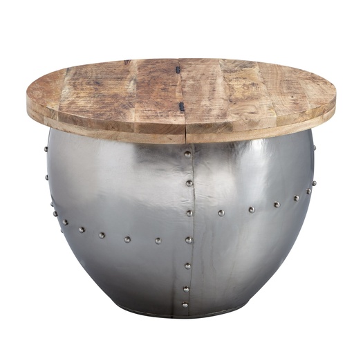 [A10092] Table basse ronde en manguier massif/métal 60 x 43 x 60 cm style industriel avec espace de rangement