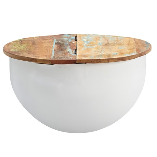 [A10104] Table Basse Mango 60x34x60 cm Bois Massif Métal Blanc Industriel Rond