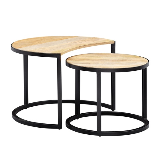 [A10106] Lot de 2 tables basses rondes en bois massif de manguier/métal, marron clair, avec pieds en métal noir