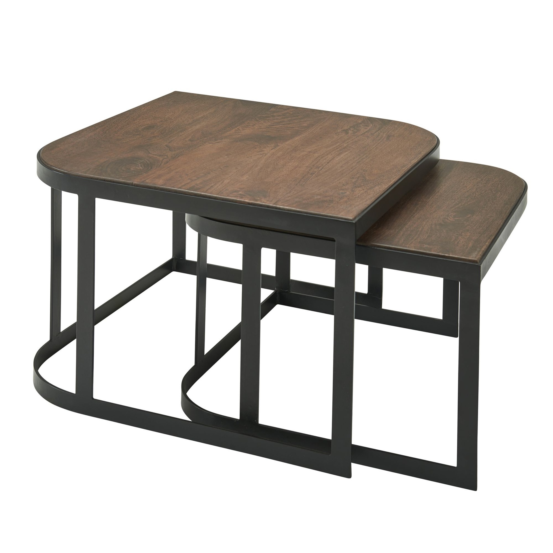 [A10109] Lot de 2 tables basses en bois massif de manguier/métal, foncé