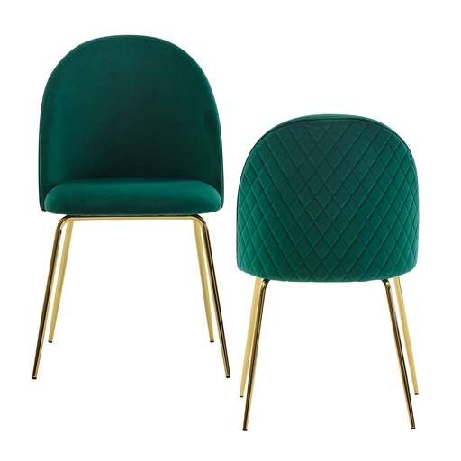 [A10138] Design Lot de 2 chaises de salle à manger rembourrées en velours vert, chaise de cuisine en tissu avec pieds dorés, chaise coque scandinave