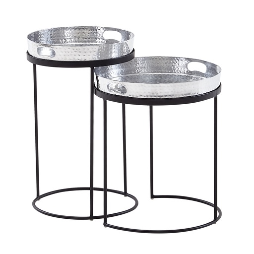 [A10154] Tables d'appoint lot de 2 tables rondes martelées en métal argenté/noir, table basse plateau amovible