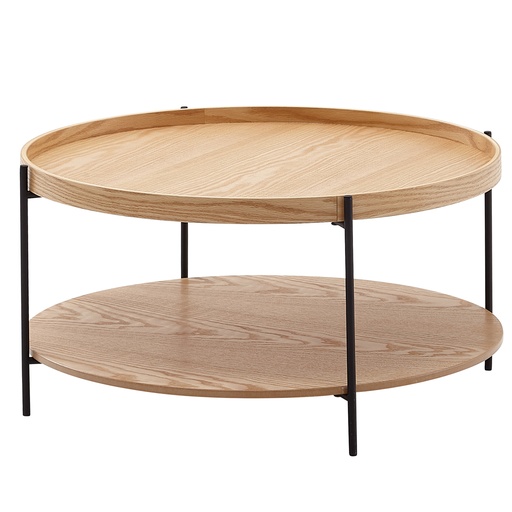 [A10169] Table basse 78x78x40 cm table de canapé bois / métal table de salon chêne, table de chambre design moderne ronde avec étagère, table basse en bois