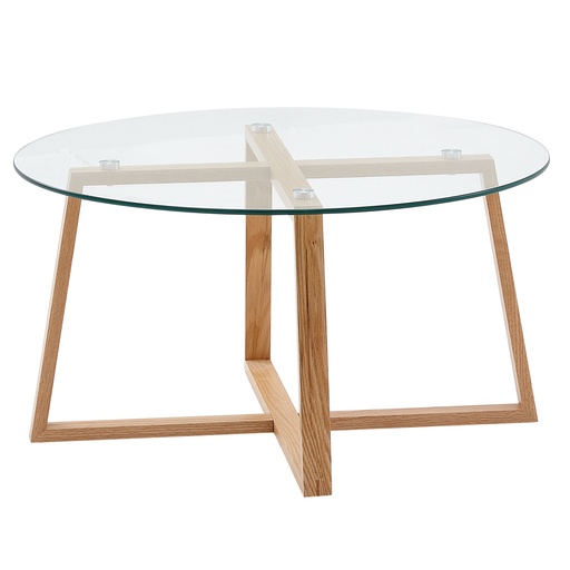 [A10172] Table basse 78x78x41 cm table de canapé en bois de chêne massif/verre ronde, table de salon design moderne, table en bois table de chambre grande