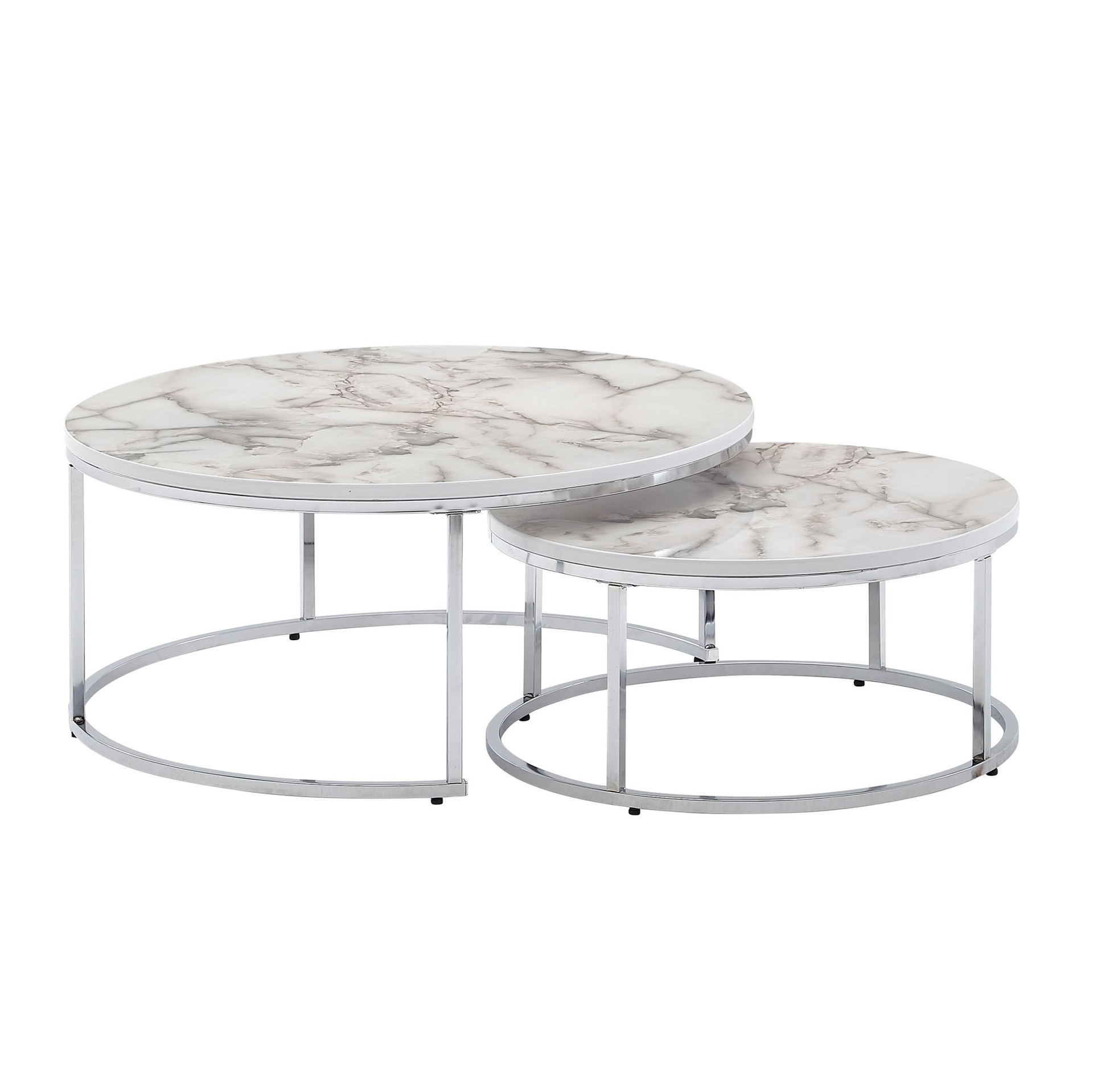 [A10182] Lot de 2 tables basses rondes aspect marbre blanc argenté, table d'appoint moderne, 2 pièces en métal, tables de salon rondes