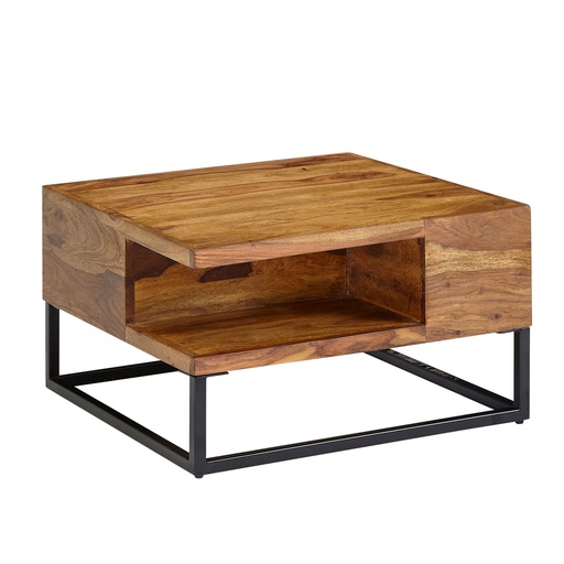 [A10201] Table basse 60x60x34,5 cm en bois massif de Sheesham/table de canapé carrée en métal, table de salon avec espace de rangement, table basse solide