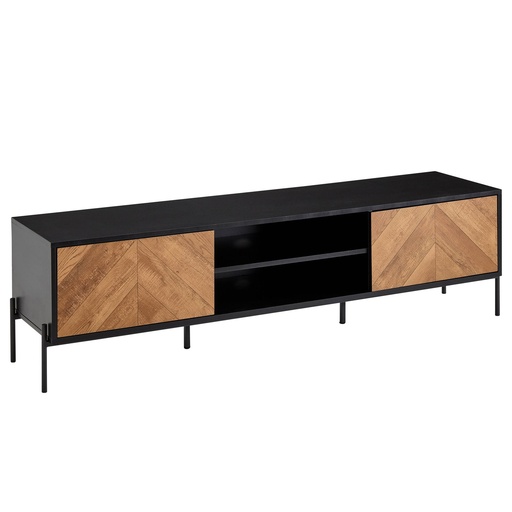 [A10223] Lowboard bois noir / décor chêne 163x45x40 cm Commode TV avec deux portes, meuble TV design haut, table TV meuble TV moderne
