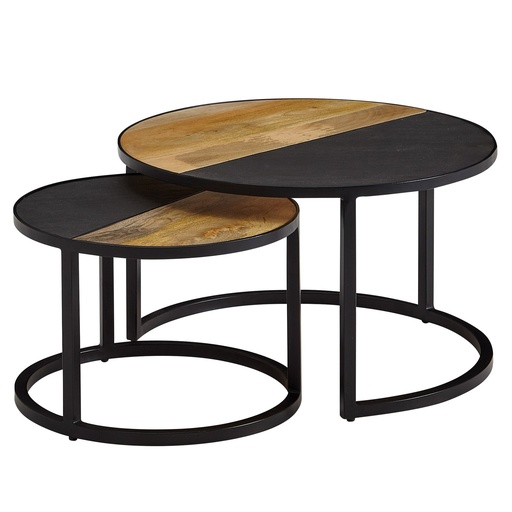 [A10225] Ensemble de 2 tables basses en bois massif de manguier / table de canapé en pierre ronde moderne, table d'appoint design 2 pièces, tables de salon rondes