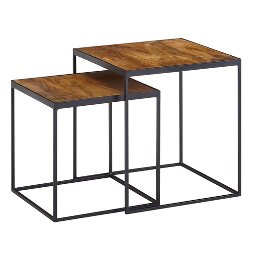 [A10249] Table d'appoint carrée en bois massif/métal, lot de 2 tables de salon, table d'appoint design industrielle, table de canapé, table basse carrée