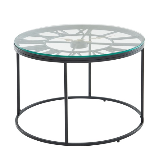 [A10276] Table basse verre métal 60x60x43 cm table de canapé noir avec horloge décorative, table de salon design ronde, petite table basse moderne