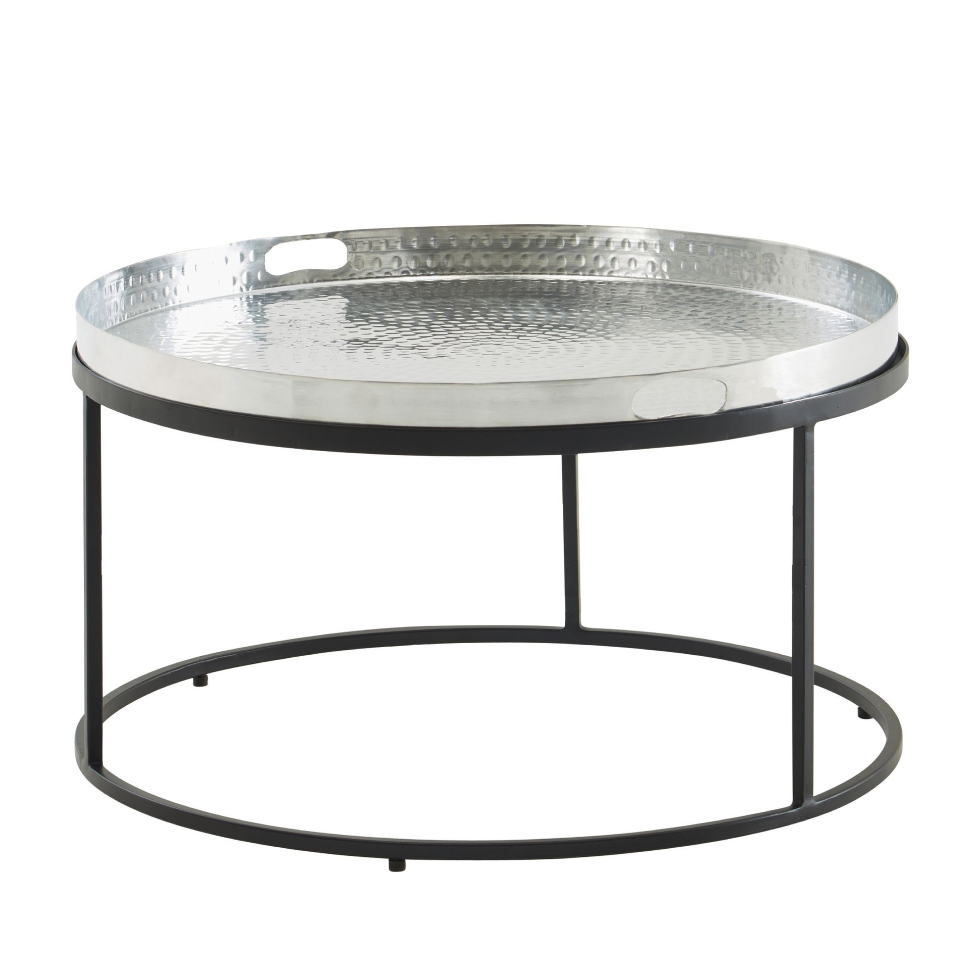 [A10280] Table basse métal martelé 62x62x36 cm table de canapé aluminium argent noir, table de salon design plateau amovible rond