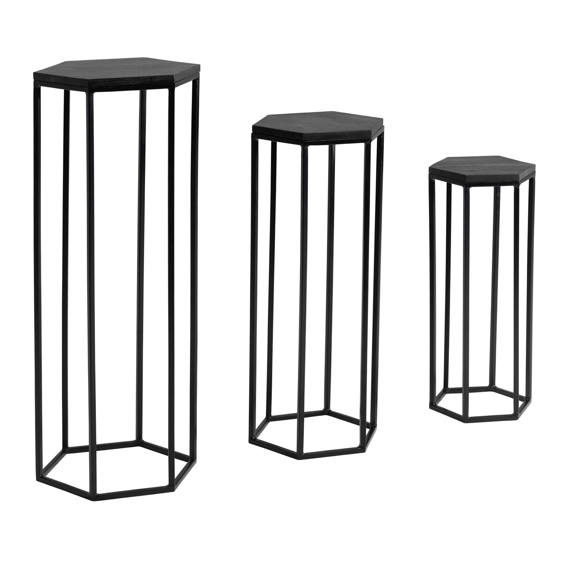 [A10303] Lot de 3 tables d'appoint en bois massif de manguier/métal, colonne hexagonale, table pour plantes, support à fleurs noir, 3 pièces