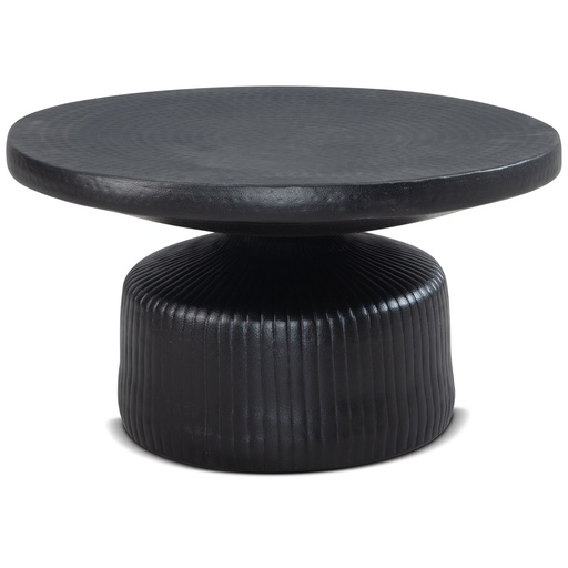 [A10316] Table basse 65x65x35 cm métal noir table de canapé ronde, motif vagues martelées, aspect lattes en aluminium