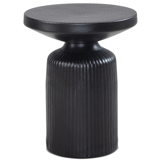 [A10317] Table d'appoint 40 x 40 x 50 cm métal noir, ronde, motif vagues martelées, aspect lattes en aluminium, moderne