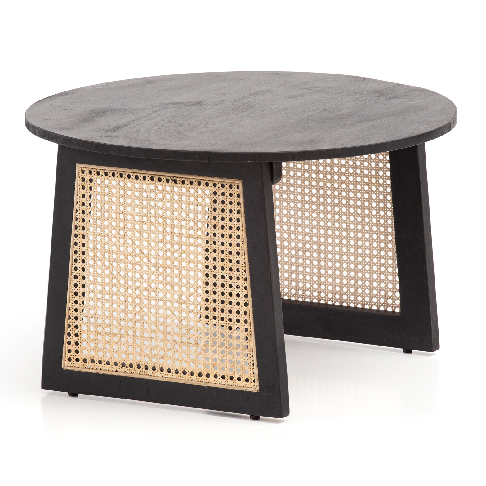 [A10349] Table basse 65x65x40 cm bois massif de manguier / rotin noir table de canapé ronde, table de salon design osier viennois