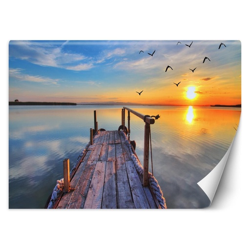 Photo murale pour salon avec image de ponton sur le lac au coucher de soleil de couleur bleue