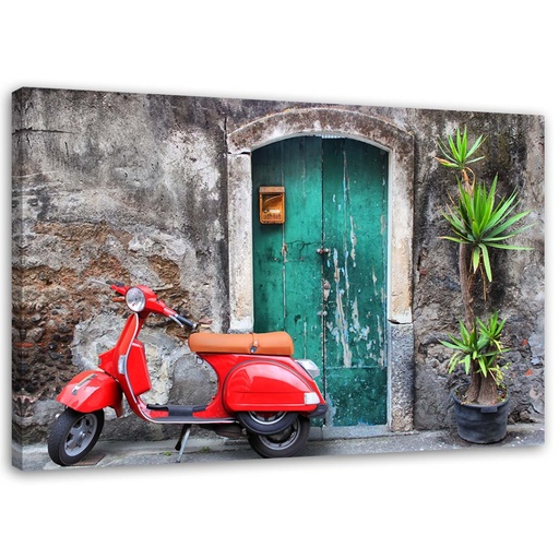 Cadre imprimé sur toile avec image de scooter rouge près d'une entrée fabriqué en mdf et toile